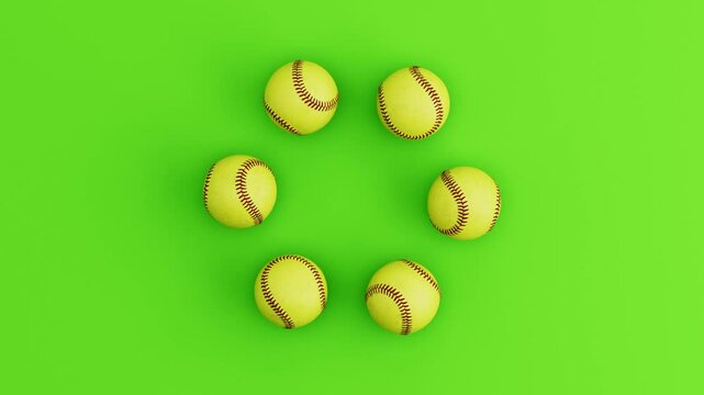 Six Softball Balls Rolling in Circular Loop on Green Background. Seamless 3D Render Animation.