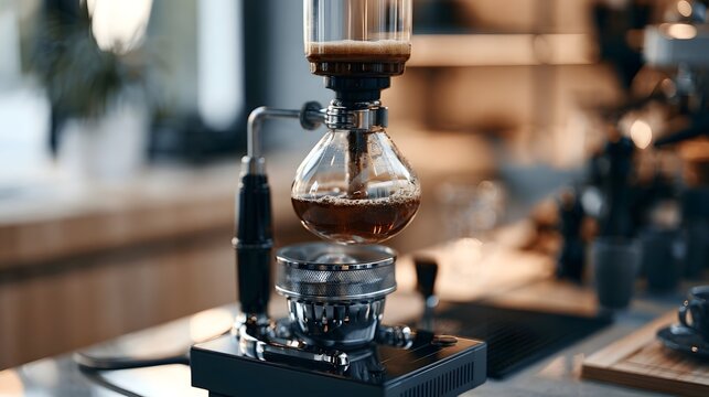 A siphon coffee maker brews rich coffee on a modern countertop with warm ambient light and blurred background elements