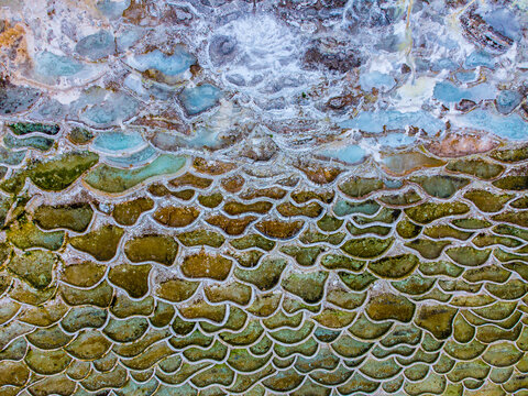 Drone view of colorful mineral terraces and thermal springs in Egerszal&oacute;k, Hungary