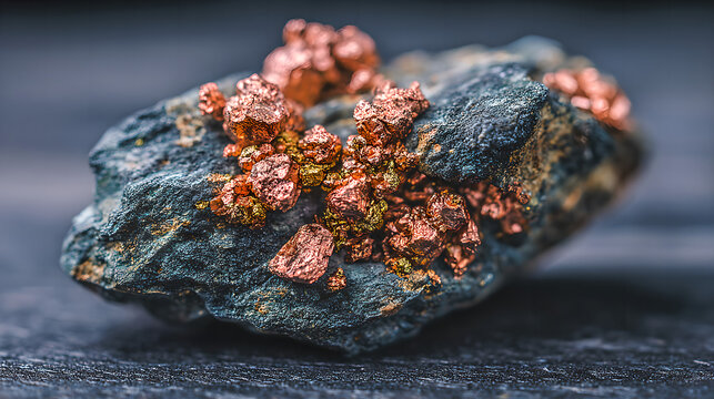 Close up of copper ore crystal clusters, growing on dark bedrock, displaying natural ore texture, emphasizing advanced energy storage materials and strategic mineral significance
