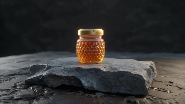 A close-up shot of a small, hexagonal glass jar filled with golden honey, placed on a textured rock surface with a dark, blurred background