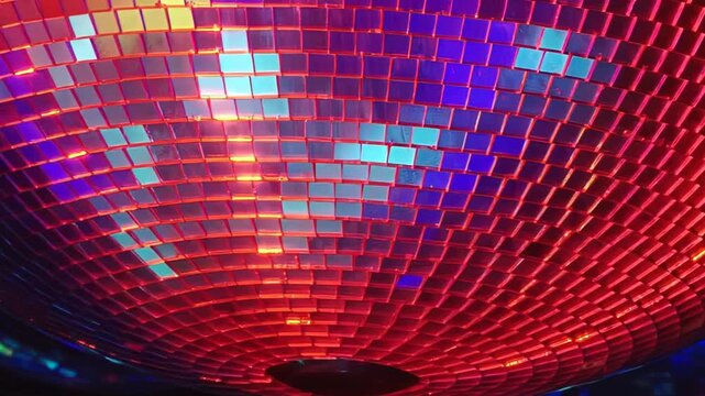 Mesmerizing abstract patterns unfold as dazzling greens, fiery reds, and golden yellows dance across a textured mirrorball, illuminating a festive nighttime celebration at a lively club.
