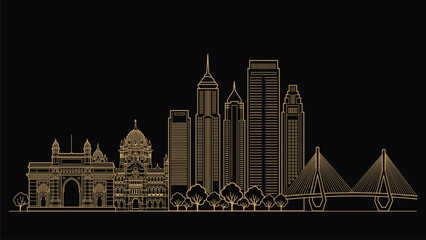 Mumbai City Skyline Line Art Vector Featuring Iconic Landmarks, Modern Urban Architecture Illustration Design © Mominul