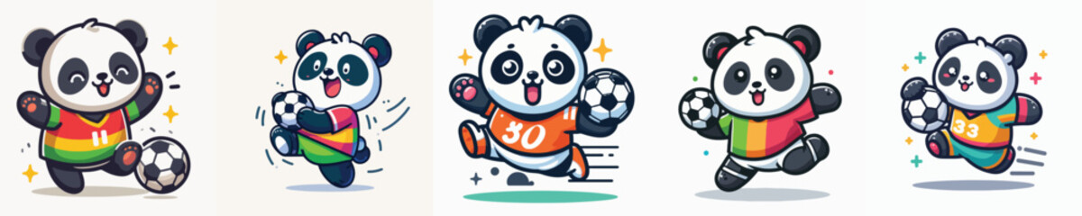 Cute panda playing soccer cartoon illustration set. Vector collection of funny baby panda characters kicking football, wearing sports jerseys isolated on white background. © Sromben