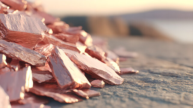 Close up of copper ore crystal clusters, growing on dark bedrock, displaying natural ore texture, emphasizing advanced energy storage materials and strategic mineral significance