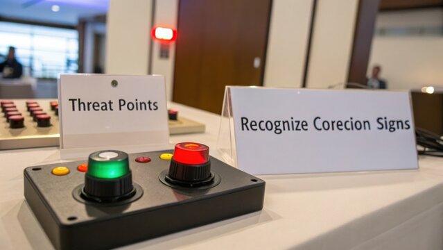 Control panel with buttons and signage for threat points and recognition of correction signs in a corporate environment