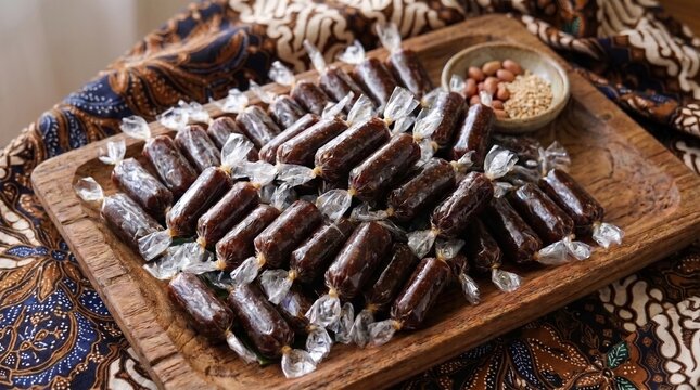 Traditional Indonesian sweet sticky rice treats, Jenang Kudus, individually wrapped in clear plastic on a rustic wooden tray with a backdrop of batik cloth.