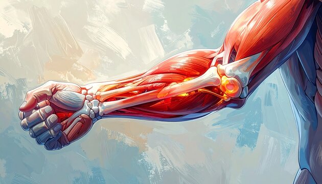A detailed illustration of a muscular human arm with visible muscles and tendons