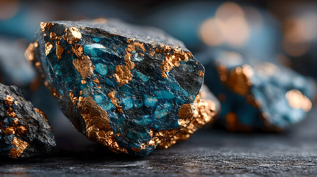 Close up of copper ore crystal clusters, growing on dark bedrock, displaying natural ore texture, emphasizing advanced energy storage materials and strategic mineral significance