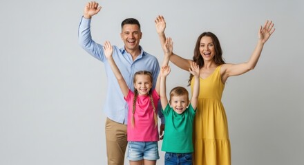 Obraz premium Happy family celebrating together with arms raised. Joyful parents and children laughing in bright modern studio setting.