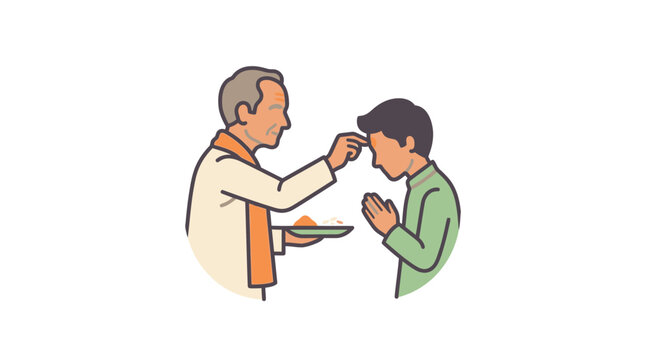 An elderly man applying a tilak on a young boy during a traditional religious ceremony.