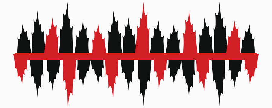 Abstract sound wave graphic with red line reflecting black peaks on white background for audio or data concepts
