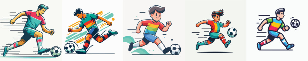 Fototapeta premium Male soccer player cartoon illustration set. Vector collection of men football players running, dribbling, and kicking ball, wearing colorful sports jerseys isolated on white background.