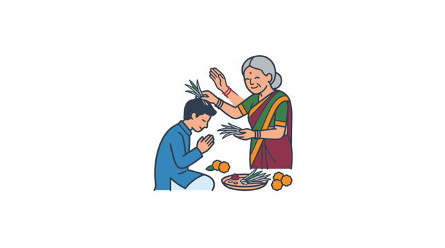 An elderly Indian woman blessing a young man during a traditional cultural ceremony.
