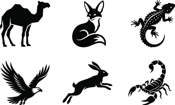 Desert Wildlife Silhouette Icon Collection with Safari Animal Reptile and Bird Symbols for Nature Graphic Design Projects