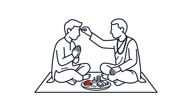 Line art illustration of a priest applying a tilak on a devotee during a religious ceremony.