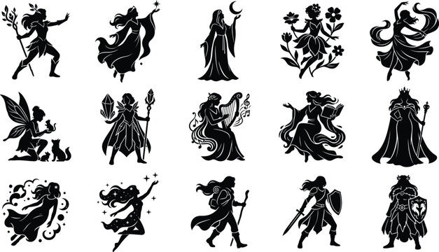 Fantasy Female Character Icon Collection with Magic Warrior Fairy and Queen Symbols for Game and Book Graphic Design Projects
