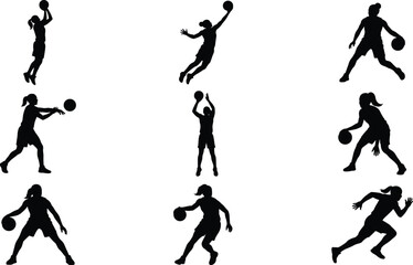 Female Basketball Player Silhouette Icon Collection with Action Poses for Sports Graphic Design and Athletic Branding Projects