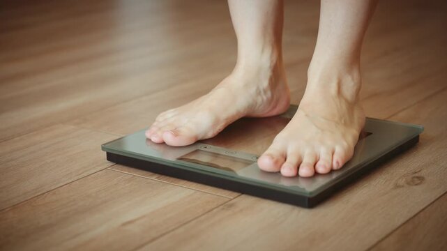 Close up person legs bare feet stepping onto weighing scale at home. Healthy lifestyle weight awareness concept. Woman weight lose standing on scales measure weight. Fitness diet BMI woman slimming.