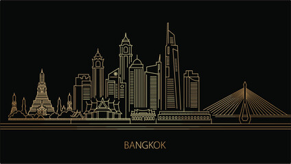 Obraz premium Bangkok City Skyline Line Art Vector Featuring Iconic Landmarks, Modern Urban Architecture Illustration