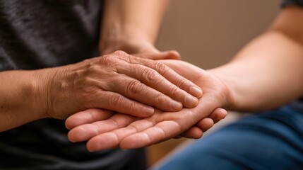 Fototapeta premium Two hands gently overlapping one older and wrinkled resting over a younger hand in a supportive gesture