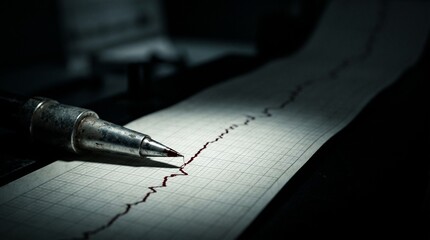 Fototapeta premium Macro view of mechanical pen drawing heartbeat line on paper.