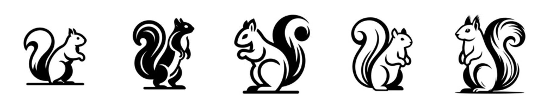 Squirrel silhouette vectors set. Black and white cute squirrel standing positions illustration for logo, icon, and design.