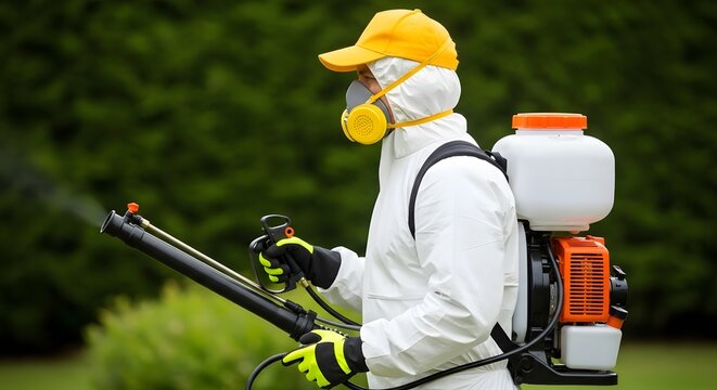 Professional pest control worker spraying pesticide in garden. Agricultural specialist applying insecticide with backpack sprayer for crop protecti...