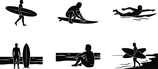 Surfing and Water Sports Silhouette Icon Collection with Surfer Beach and Ocean Symbols for Graphic Design Projects © GeetaRani