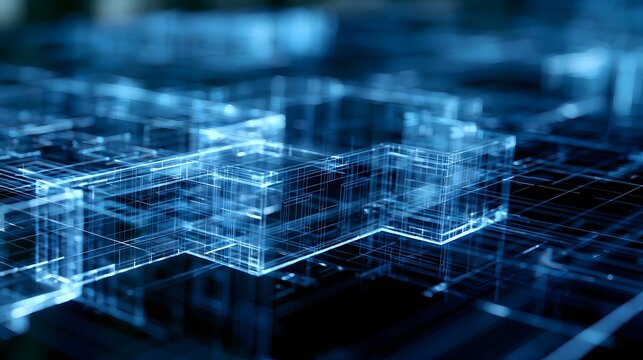 Abstract blue wireframe structures forming interconnected geometric shapes on a dark technological surface