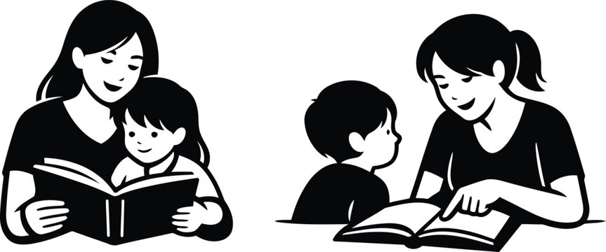 Mother and child reading together black and white vector illustrations
