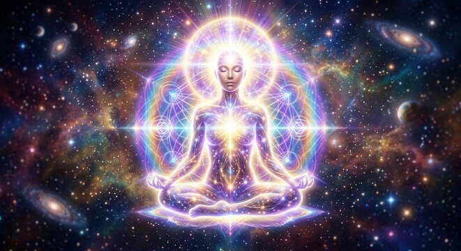 Mystical woman meditating in cosmic universe with radiant energy aura sacred geometry and spiritual awakening
