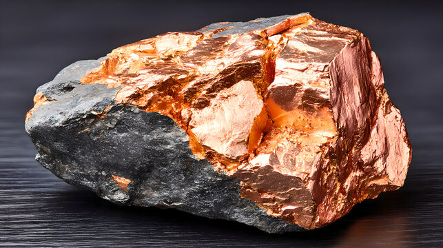 Close up of copper ore crystal clusters, growing on dark bedrock, displaying natural ore texture, emphasizing advanced energy storage materials and strategic mineral significance