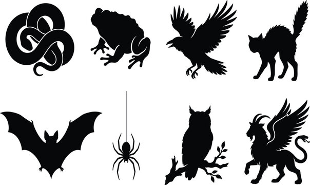 Set of spooky Halloween animal silhouettes including bat raven snake spider black cat owl toad and mythical chimera creature