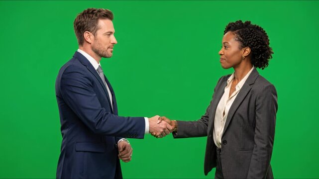 Diverse business professionals completing a confident handshake on green screen representing partnership collaboration and corporate success