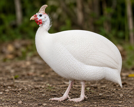 White Guinea Fowl Standing on Natural Ground with Soft Forest Background