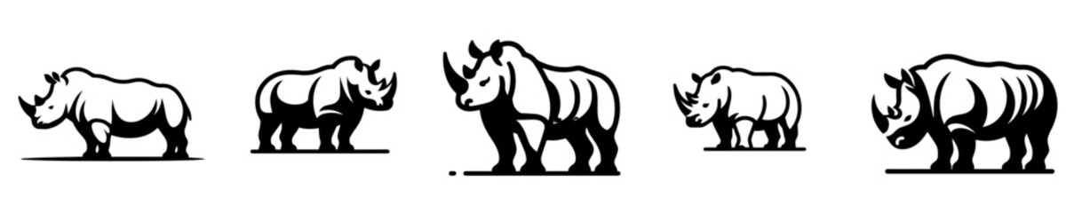 Rhinoceros silhouette vectors set. Black and white powerful rhino standing positions illustration for logo, icon, and design. © Sromben