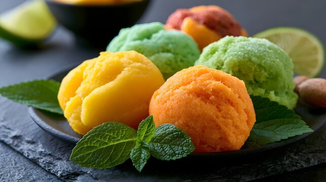 Vibrant scoops of assorted colorful fruit sorbets garnished with fresh mint leaves and lime wedges on a dark slate plate