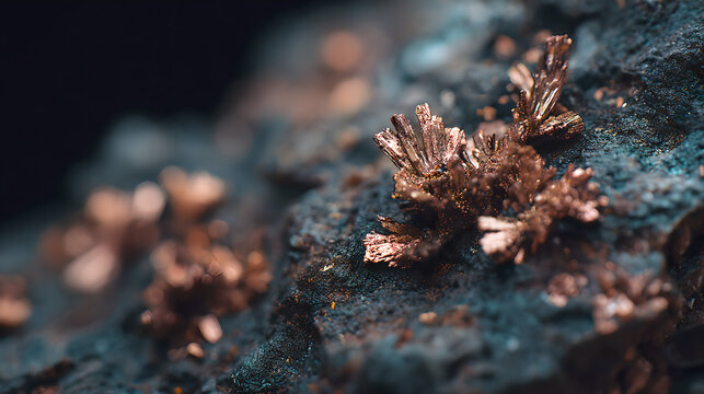 Close up of copper ore crystal clusters, growing on dark bedrock, displaying natural ore texture, emphasizing advanced energy storage materials and strategic mineral significance