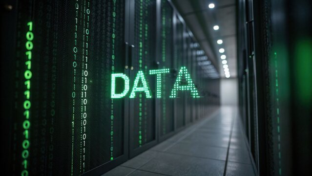Futuristic Data Center with Green Binary Code Displaying the Word Data in an Advanced Server Room Environment
