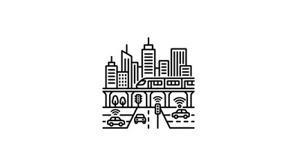 Obraz premium Line art illustration of a smart city with connected vehicles and urban infrastructure.