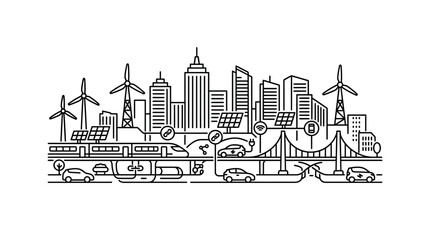 Obraz premium Line art illustration of a sustainable eco friendly city with renewable energy sources.