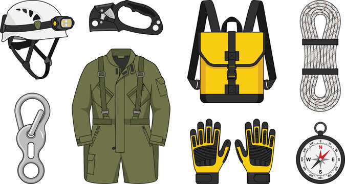 Speleology Caving and Extreme Mountaineering Gear Vector Icon Set with Safety Helmet Rope Jumpsuit Backpack and Navigation Compass Symbols