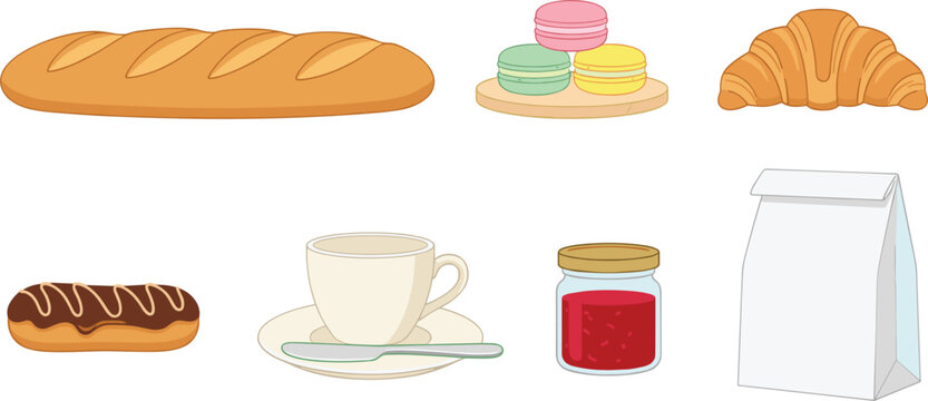 Traditional French Bakery Pastry Vector Icon Set with Baguette Bread Macarons Croissant Chocolate Eclair Jam Jar and Paper Bag