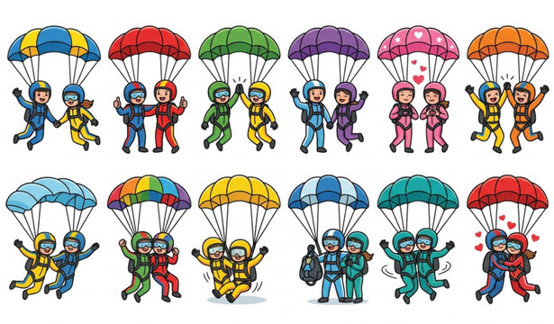 Cute parachute skydiver couple cartoon character set with adventure sport people isolated on white background
