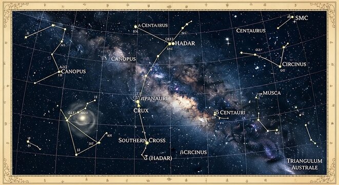Vintage Southern Sky Star Map Showing Constellations and Milky Way in Celestial Chart