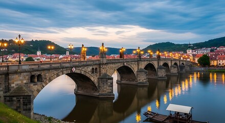 Obraz premium Historic Stone Bridge Illuminated at Dusk Over Calm River in European Town