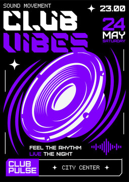 Retro Future Club Dance Event Poster with Purple Speaker and Radial Swooshes on Black Background with Typography and Date.