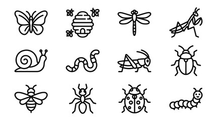 Insect Icons Set: Butterfly, Beehive, Dragonfly, Praying Mantis, Snail, Worm, Grasshopper, Beetle © Kampanggmu
