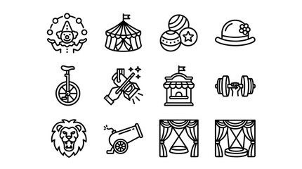 Circus Icons: Juggler, Tent, Balls, Hat, Unicycle, Magic, Booth, Weights, Lion, Cannon, Stage © Kampanggmu